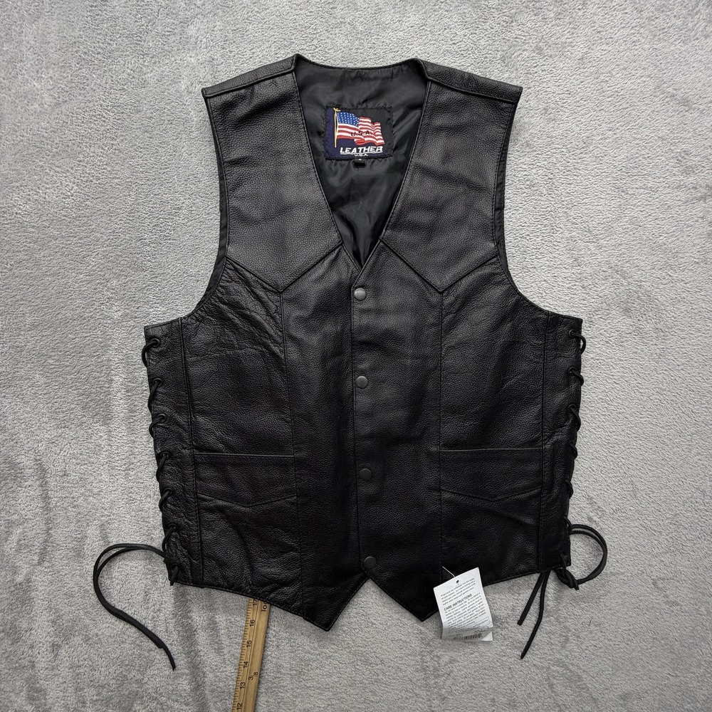 LEATHER U.S.A. Vest Mens S Black Biker Leather Lined Pockets Snap Side Lace